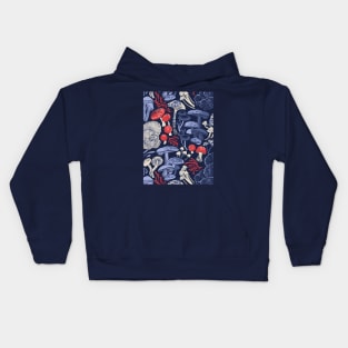 Mystical fungi // midnight blue background blue and red wild mushrooms Kids Hoodie